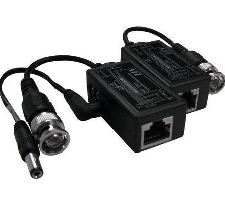 BNC de CCTV negro a RJ45 Video Balun con extensor de potencia de CC a través del cable Ethernet Cat5/6