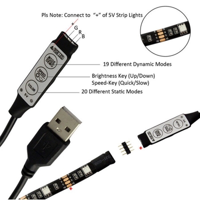 Femenino 1m Black LED con fuente de alimentación de 5v y controlador USB de 3 llaves